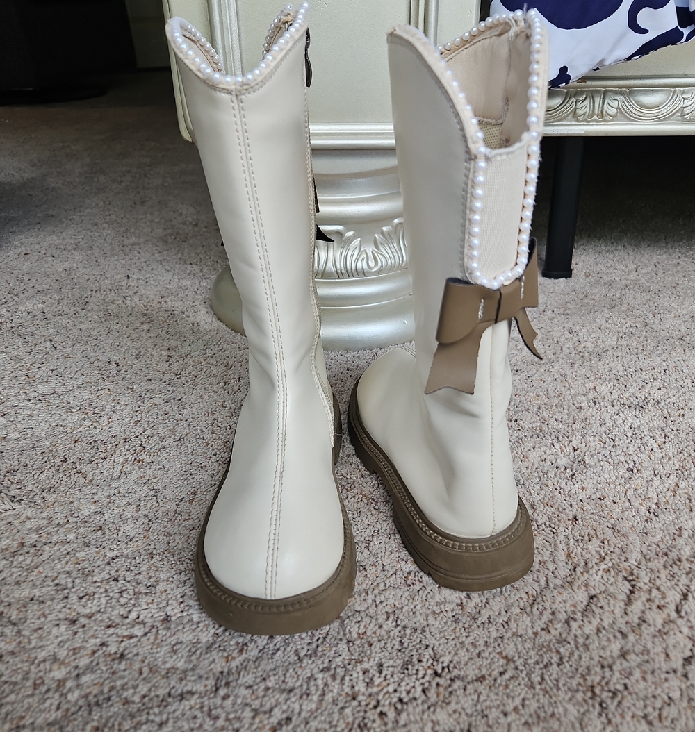 Pearl-Trim Cream Mid-Calf Boots with Bow Accent